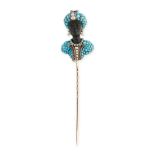 AN ANTIQUE TURQUOISE, PEARL, RUBY AND DIAMOND BLACKAMOOR STICK PIN / BROOCH