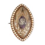 AN ANTIQUE PEARL, AMETHYST AND HAIRWORK MOURNING BROOCH