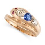 AN ANTIQUE DIAMOND, SAPPHIRE AND RUBY SNAKE RING