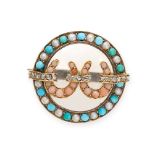 CARLO GIULIANO, AN ANTIQUE TURQUOISE, CORAL, PEARL AND DIAMOND HORSESHOE BROOCH