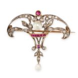 AN ANTIQUE BELLE EPOQUE PEARL, RUBY AND DIAMOND BROOCH, CIRCA 1905  Button shaped pearl and drop