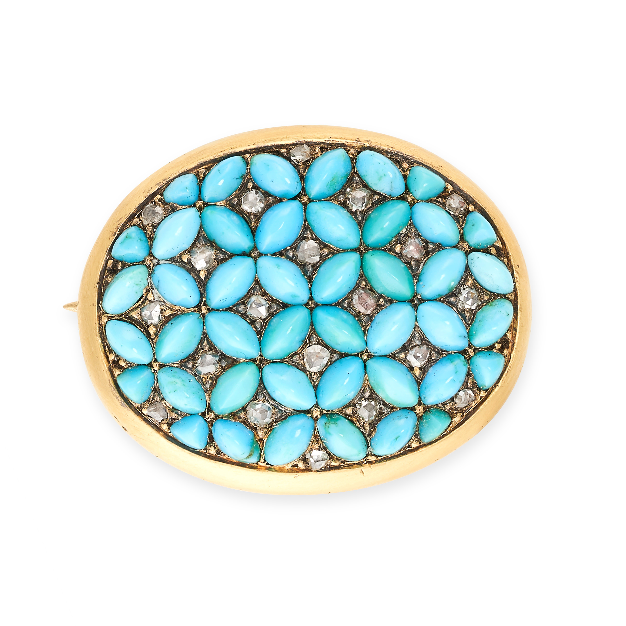 AN ANTIQUE TURQUOISE AND DIAMOND BROOCH, 19TH CENTURY  Oval cabochon turquoise  Rose-cut diamonds