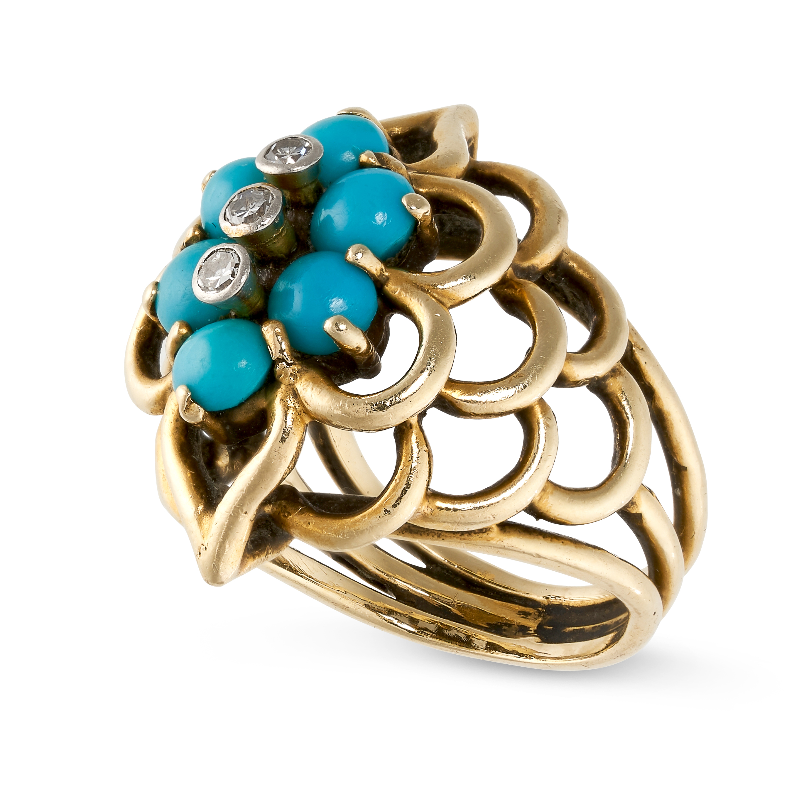 A VINTAGE TURQUOISE AND GEMSET RING  Cabochon turquoise  Single-cut white gemstones  No assay marks - Image 2 of 2