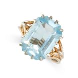 A RETRO BLUE STONE RING  Trifurcated band  Step-cut blue paste stone  No assay marks  Size L / 5.