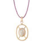 AN OPAL PENDANT Pink cord necklace Cabochon opal Stamped 18K Pendant length 58mm