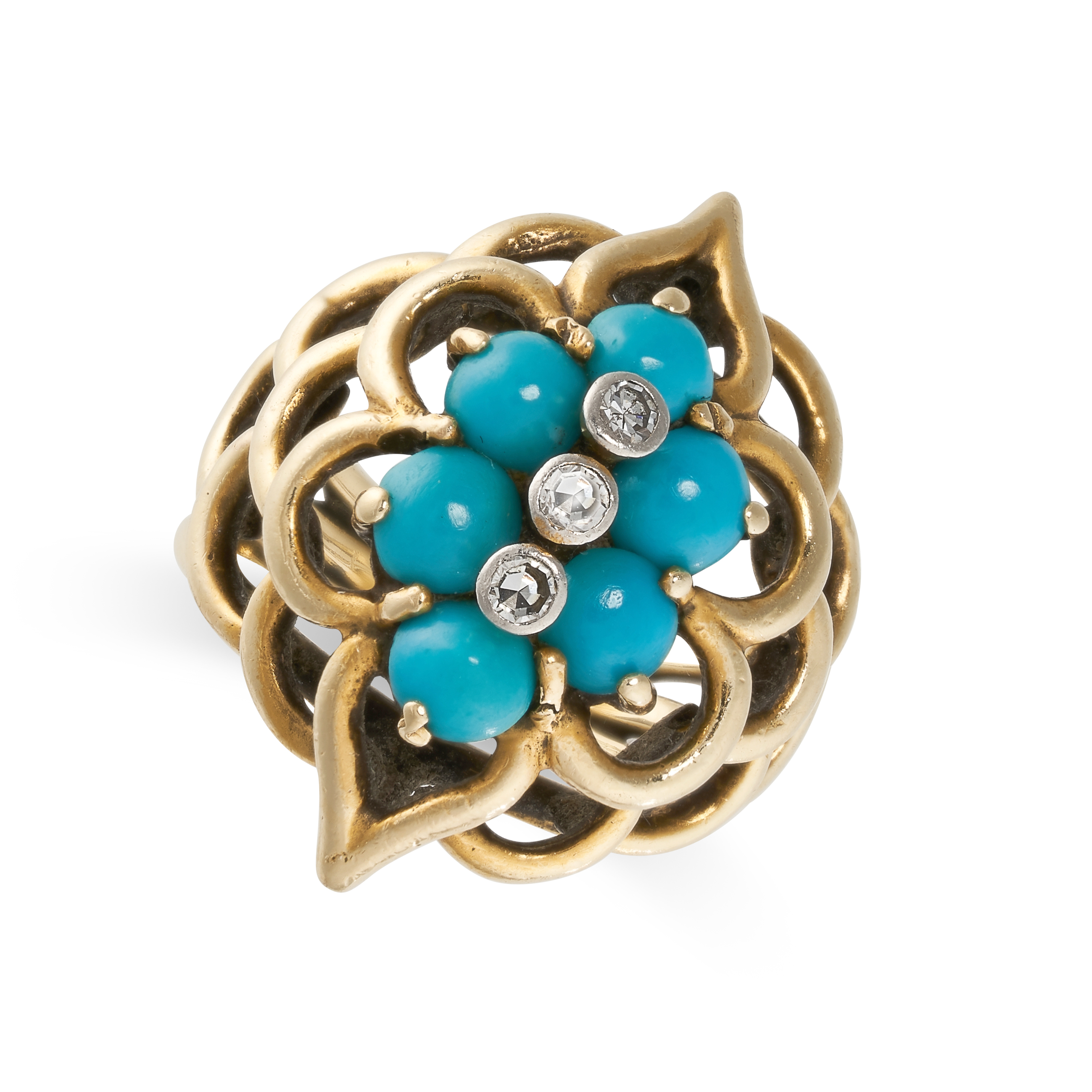 A VINTAGE TURQUOISE AND GEMSET RING  Cabochon turquoise  Single-cut white gemstones  No assay marks