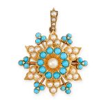 AN ANTIQUE TURQUOISE AND PEARL FLOWER PENDANT / BROOCH  Circular cabochon turquoise  Half pearls