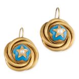 A PAIR OF ANTIQUE PEARL AND ENAMEL STAR EARRINGS  Half pearls  Turquoise blue enamel  No assay marks