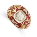 AN INDIAN FLORAL DIAMOND AND ENAMEL RING  Rose-cut diamonds  Red and white enamel  No assay marks