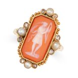 A CARNELIAN CAMEO, PEARL AND DIAMOND RING, EARLY 20TH CENTURY Carved, octagonal carnelian cameo