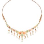 AN INDIAN CORAL, EMERALD, TURQUOISE, SAPPHIRE, RUBY, GARNET AND PEARL NECKLACE Floral motifs,