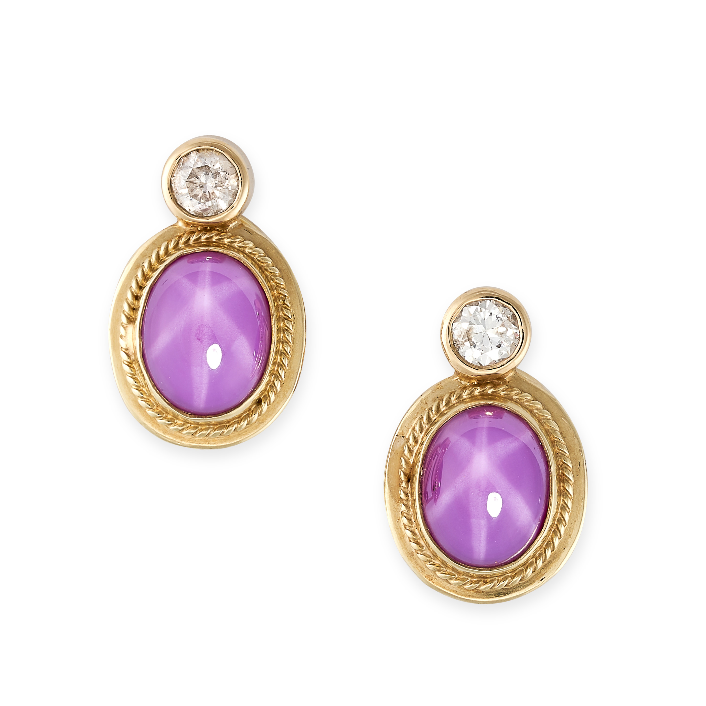 A PAIR OF SYNTHETIC PINK STAR SAPPHIRE AND DIAMOND EARRINGS  Post and clip fittings Synthetic pink