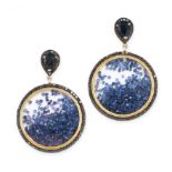 A PAIR OF BLACK DIAMOND AND SAPPHIRE EARRINGS  Circular glazed compartment containing free moving