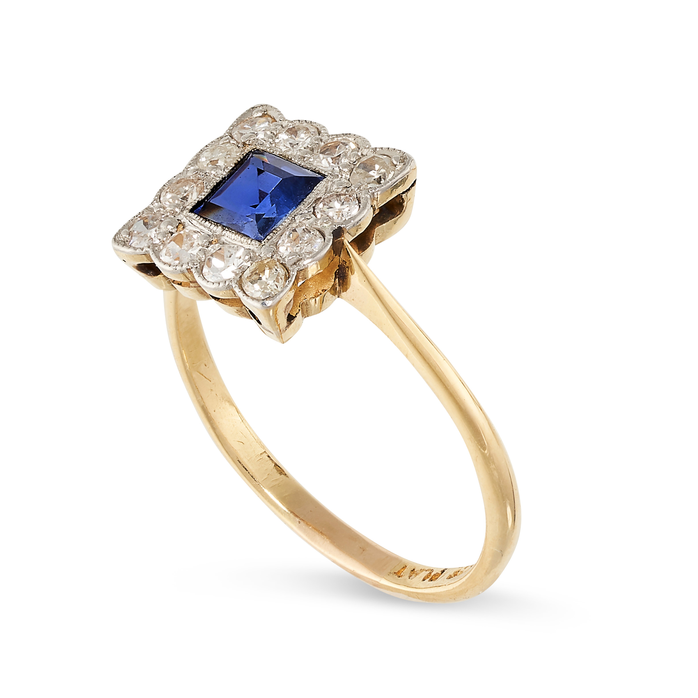 NO RESERVE - A SYNTHETIC SAPPHIRE AND DIAMOND CLUSTER RING  In 18 carat yellow gold and platinum - Image 2 of 2