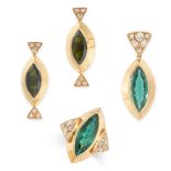 A GREEN TOURMALINE AND DIAMOND PARURE  Ring, earrings and pendant  Marquise-shaped green tourmalines