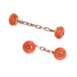 A PAIR OF ANTIQUE CORAL AND DIAMOND CUFFLINKS  Coral beads  Rose-cut diamonds  No assay marks