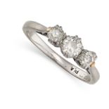 NO RESERVE - A DIAMOND THREE-STONE RING  Cushion shaped and circular-cut diamonds, approximate total