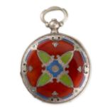 GEORGE FAVRE-JACOT, AN ANTIQUE ENAMEL POCKET WATCH  White dial  Red, green and blue enamel  Signed