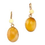 NO RESERVE - A PAIR OF VINTAGE YELLOW AGATE EARRINGS  Hook fittings Oval cabochon agate  No assay