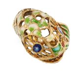 AN ENAMEL FISH RING  Designed as a coiling fish, of open work construction  Red, blue, green and