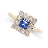 NO RESERVE - A SYNTHETIC SAPPHIRE AND DIAMOND CLUSTER RING  In 18 carat yellow gold and platinum