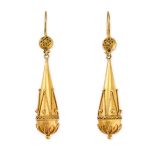 NO RESERVE - A PAIR OF ANTIQUE GOLD DROP EARRINGS  Hook fittings In the Etruscan revival manner