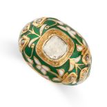 AN INDIAN FLORAL DIAMOND AND ENAMEL RING  Rose-cut diamonds  Green and white enamel  No assay marks