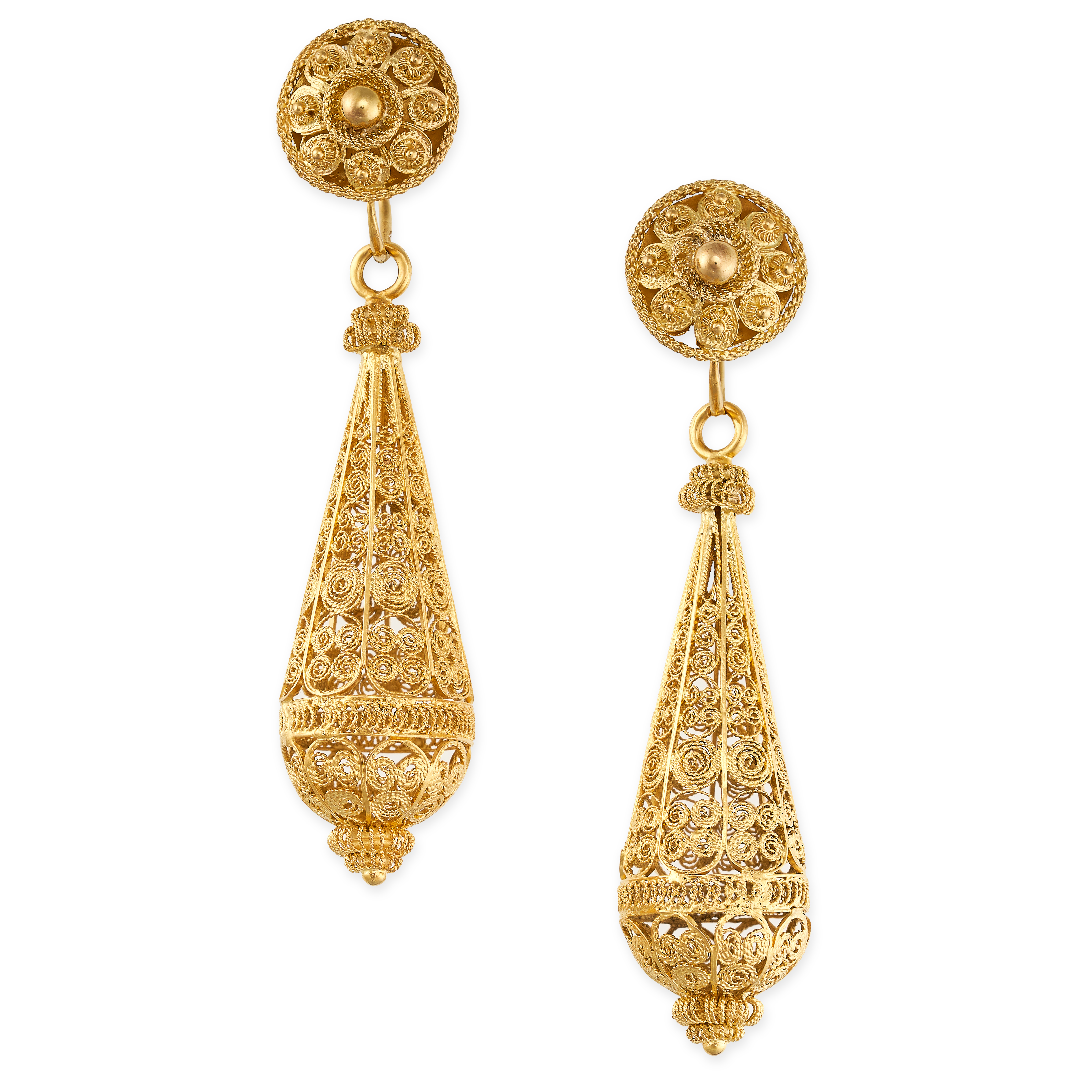 NO RESERVE - A PAIR OF ANTIQUE FILIGREE DROP EARRINGS, 19TH CENTURY  In high carat yellow gold