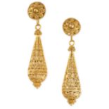 NO RESERVE - A PAIR OF ANTIQUE FILIGREE DROP EARRINGS, 19TH CENTURY  In high carat yellow gold