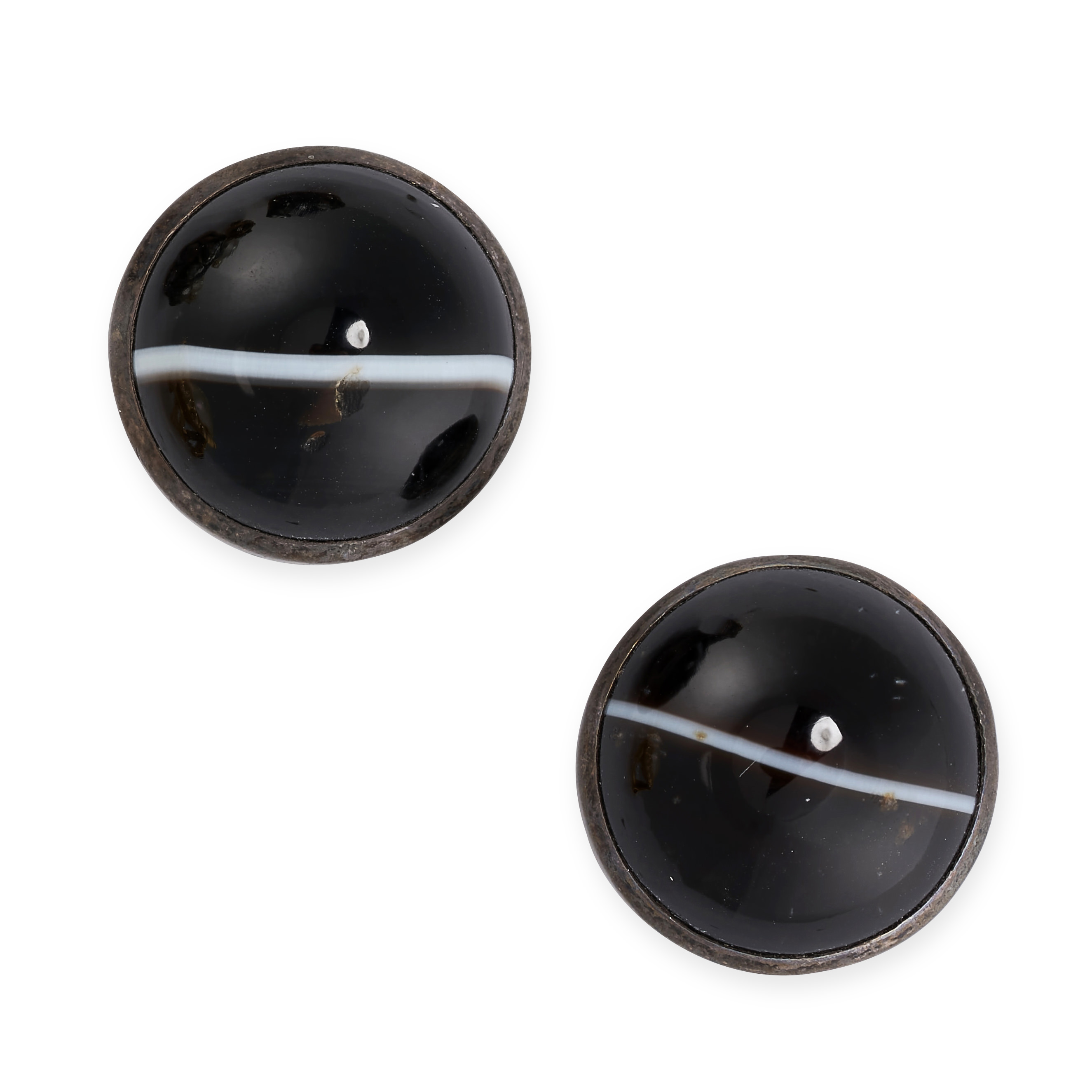 A PAIR OF BANDED ONYX EARRINGS  Post fittings Polished banded onyx No assay marks  Length 14.5mm