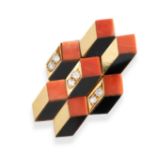 A VINTAGE ITALIAN MODERNIST CORAL, ONYX AND DIAMOND RING, 1980S  Geometric layered tiled design,