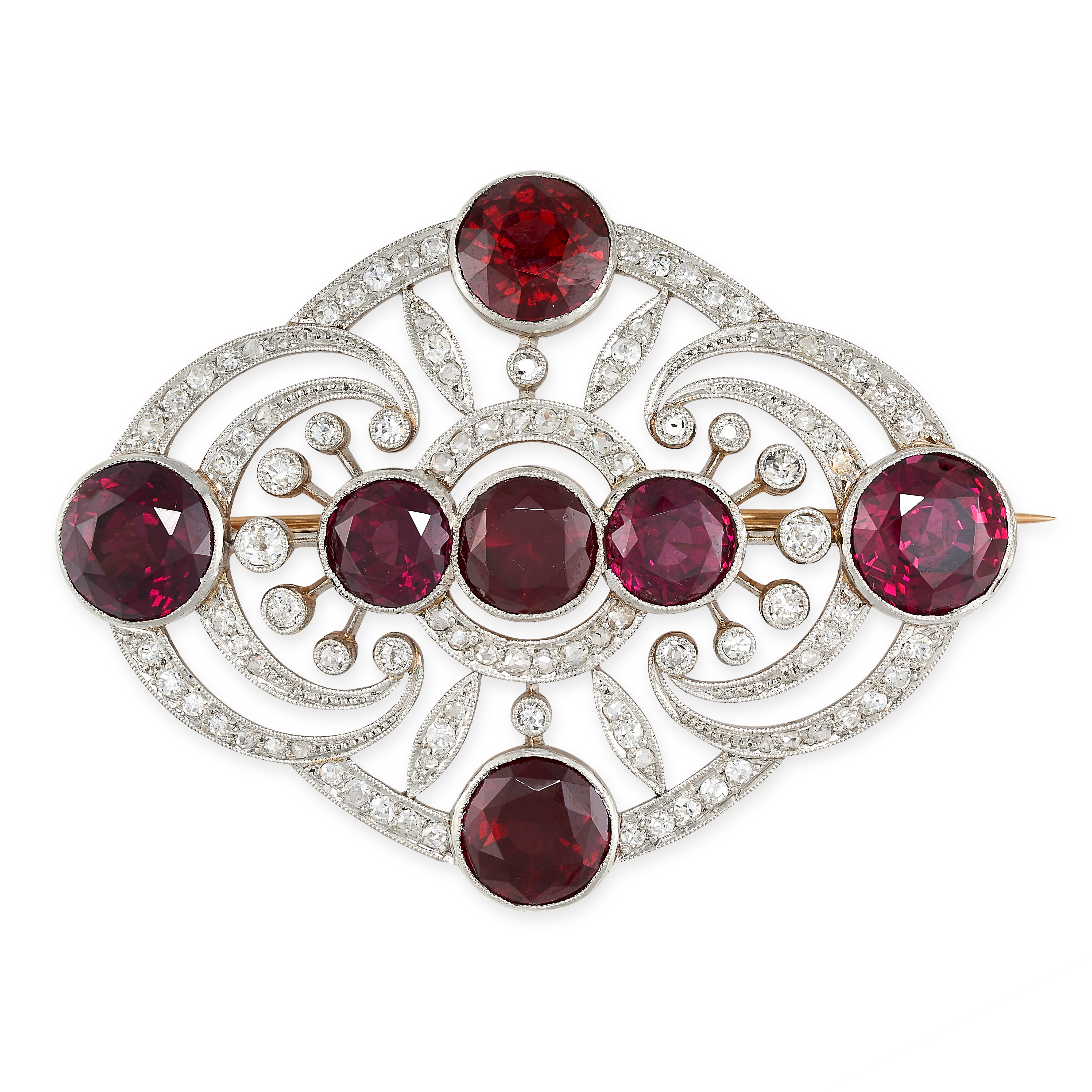 AN ANTIQUE BELLE EPOQUE GARNET AND DIAMOND PLAQUE BROOCH, CIRCA 1910 Scrolling motifs, millegrain