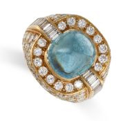 AN AQUAMARINE AND DIAMOND DRESS RING  Sugarloaf cabochon aquamarine, 6.50 carats  Circular and