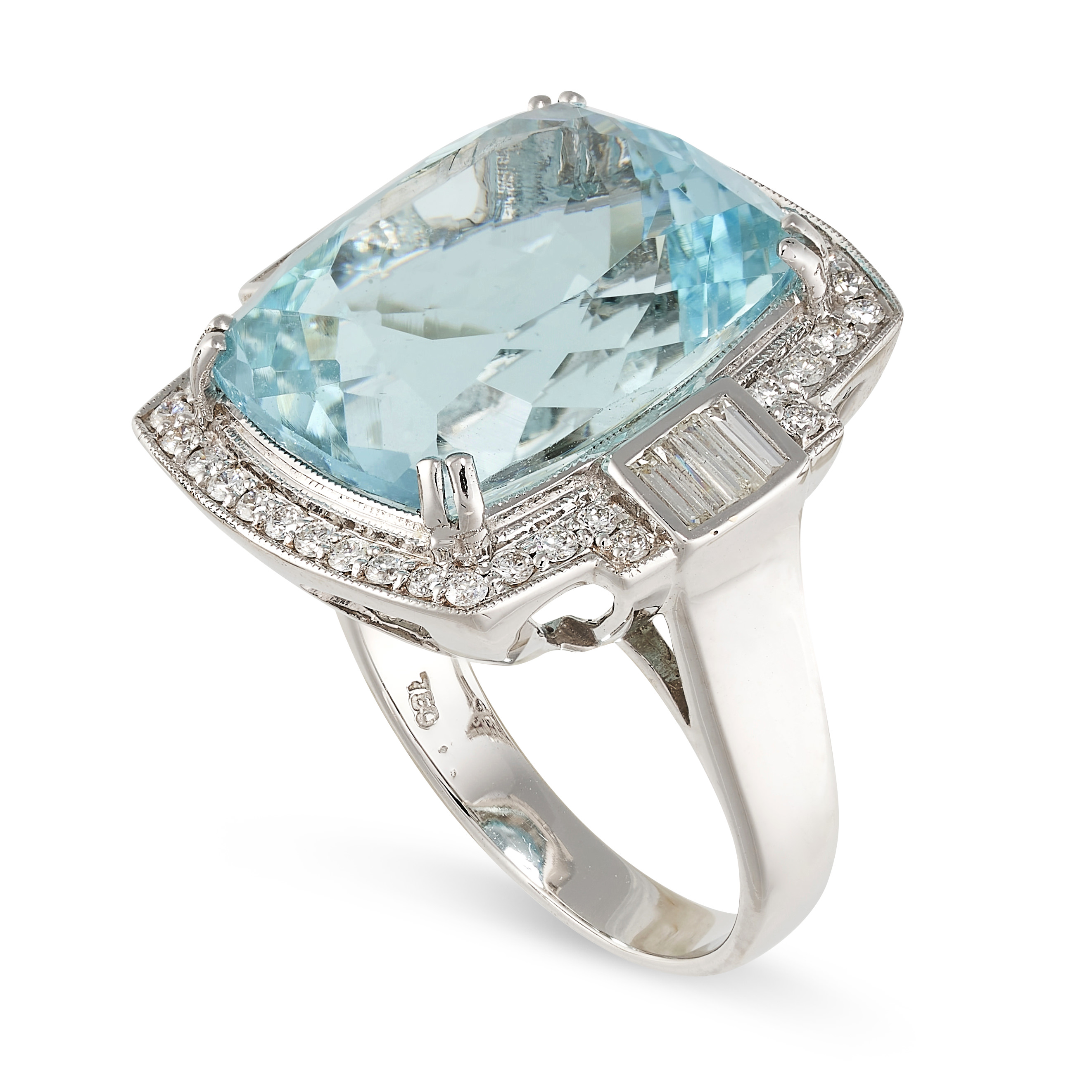 AN AQUAMARINE AND DIAMOND CLUSTER RING  Cushion-shaped aquamarine, 14.30 carats  Brilliant-cut and - Image 2 of 2