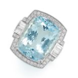 AN AQUAMARINE AND DIAMOND CLUSTER RING  Cushion-shaped aquamarine, 14.30 carats  Brilliant-cut and