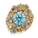 CHARLES DE TEMPLE, A VINTAGE BLUE ZIRCON AND DIAMOND COCKTAIL RING, 1967  Bicoloured textured design
