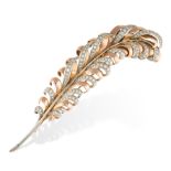 A RETRO DIAMOND TWO-TONE FEATHER BROOCH  Circular-cut and single-cut diamonds, approximate total 3.