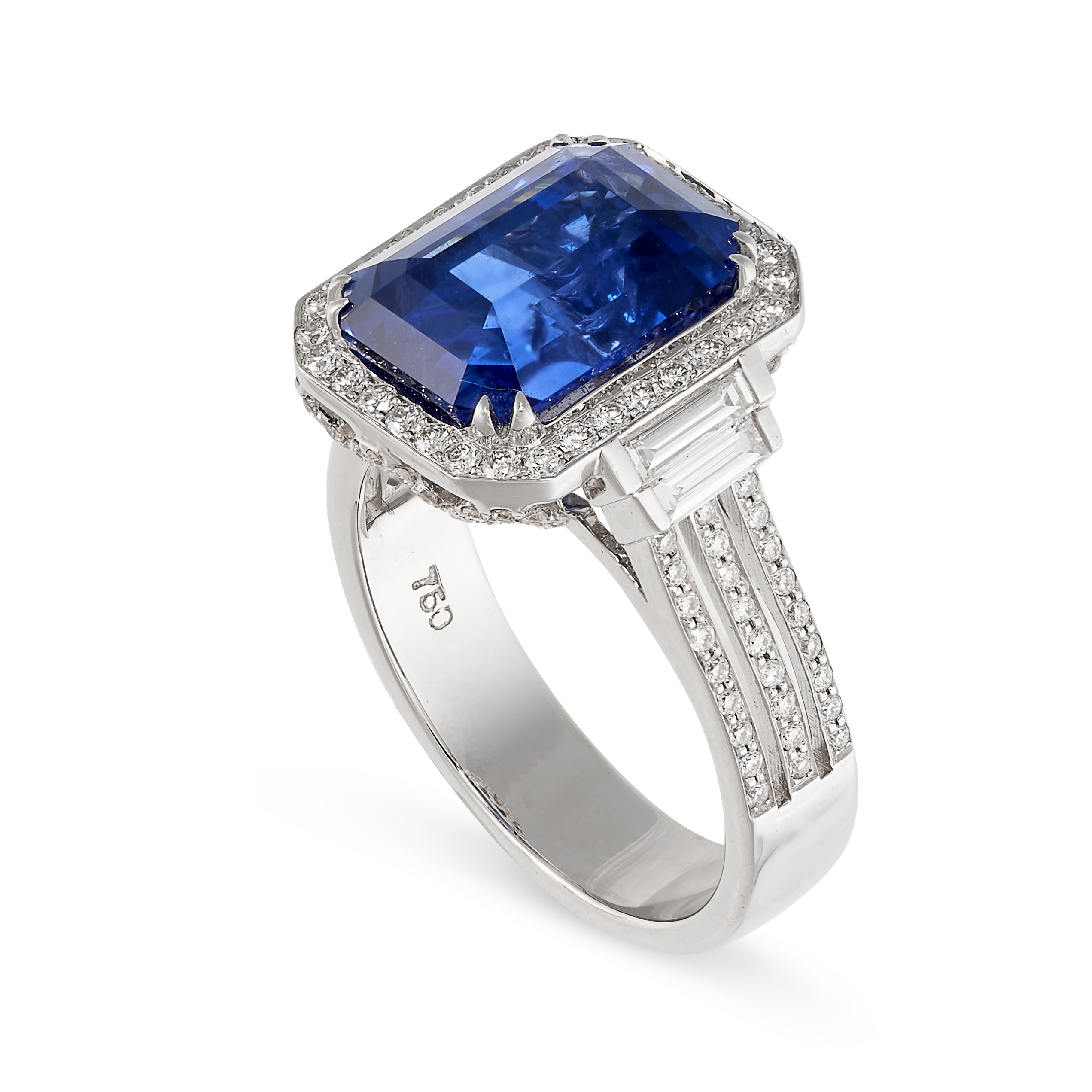 A SAPPHIRE AND DIAMOND CLUSTER RING  Micro pavé-set gallery and shoulders Step cut blue sapphire, - Image 2 of 2