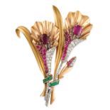 A RETRO RUBY, EMERALD AND DIAMOND FLORAL DOUBLE CLIP BROOCH 1940S  Designed as arum lilies,