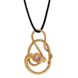 GUCCI, AN AMETHYST AND DIAMOND SNAKE PENDANT NECKLACE  Black cord necklace  Circular-cut foil-backed