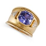 AN UNHEATED COLOUR CHANGE SAPPHIRE AND DIAMOND RING  Step-cut colour-change sapphire, 6.48 carats