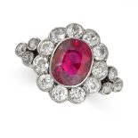 A RUBY AND DIAMOND CLUSTER RING, 1920S Oval ruby, approximately 3.20 carats  Circular-cut