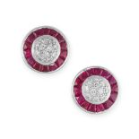 A PAIR OF RUBY AND DIAMOND TARGET STUD EARRINGS  Post fittings  Brilliant-cut diamonds  Calibré-