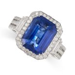 A SAPPHIRE AND DIAMOND CLUSTER RING  Micro pavé-set gallery and shoulders Step cut blue sapphire,