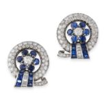 A PAIR OF RETRO SAPPHIRE AND DIAMOND ROSETTE CLIP EARRINGS, 1940S Clip-on fittings  Circular and