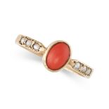 NO RESERVE - A VINTAGE CORAL AND PEARL DRESS RING  Made in 9 carat yellow gold  Oval cabochon coral