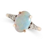 NO RESERVE - AN OPAL AND DIAMOND DRESS RING  Made in yellow gold and platinum  Oval cabochon opal,