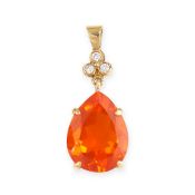 NO RESERVE - A FIRE OPAL AND DIAMOND PENDANT  Made in 18 carat yellow gold  Pear shaped fire opal,