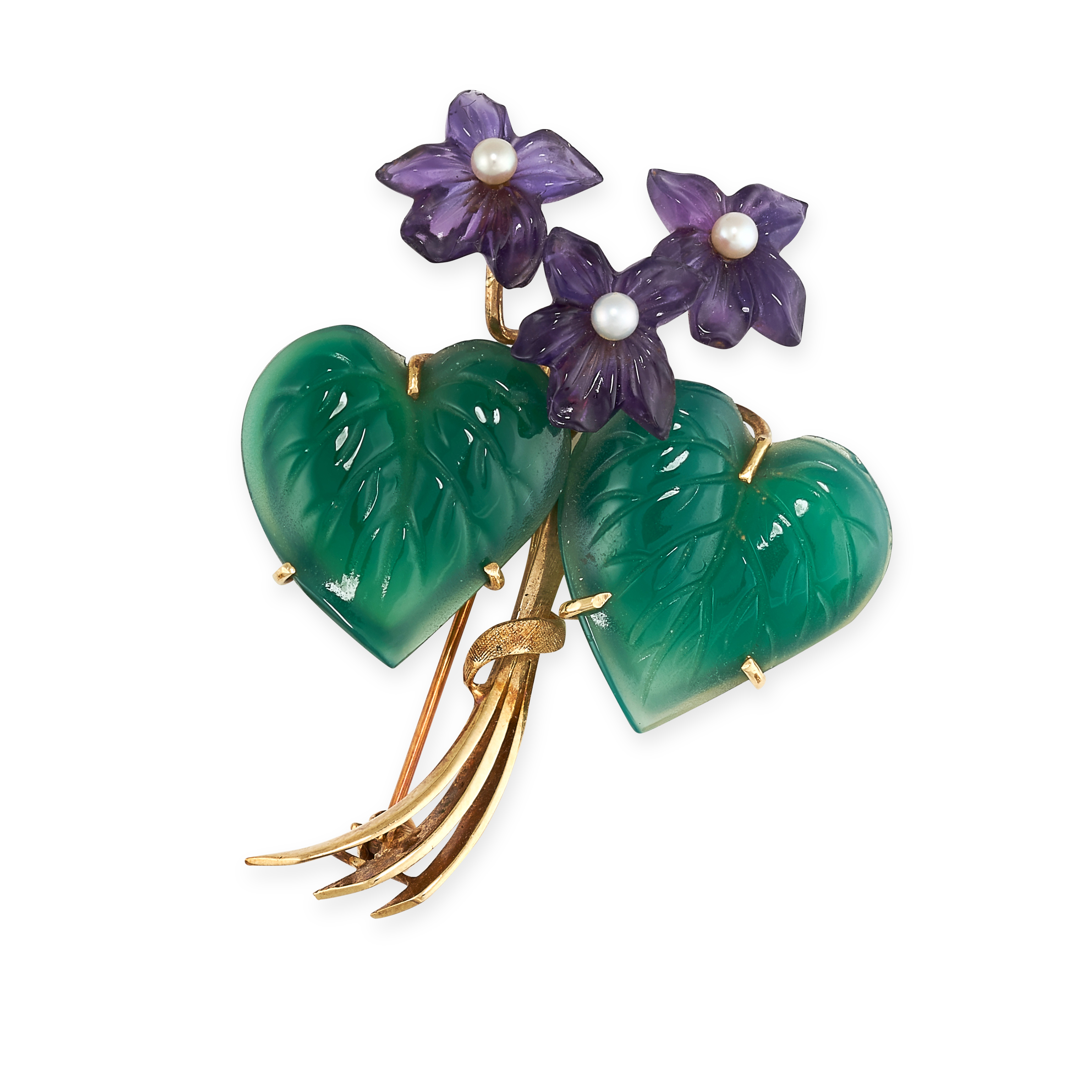 NO RESERVE - A VINTAGE AMETHYST, CHRYSOPRASE AND PEARL FLOWER BROOCH, CIRCA 1950  Made in 14 carat