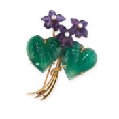 NO RESERVE - A VINTAGE AMETHYST, CHRYSOPRASE AND PEARL FLOWER BROOCH, CIRCA 1950  Made in 14 carat